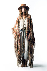 Pretty glamorous hippie girl in her straw hat. Studio portrait of joyful young woman with summer bag.