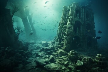 Decayed underwater remains of ancient temple and city engulfed by the sea. Generative AI - obrazy, fototapety, plakaty