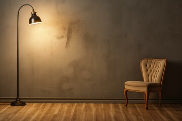a chair on wooden floor next to a wall with a light and lamp. Generative AI