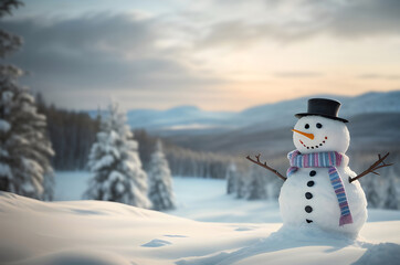Obraz premium snowman with winter landscape with copy space ai generated