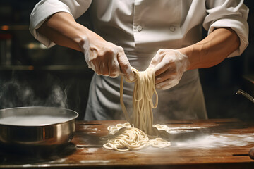 The chef is making noodle dough - obrazy, fototapety, plakaty