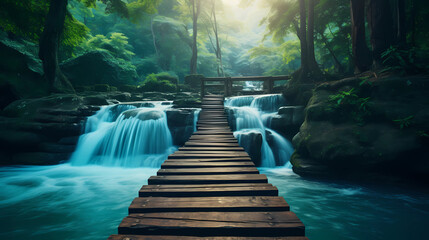 wooden bridge over a small river leading to a waterfall - Powered by Adobe