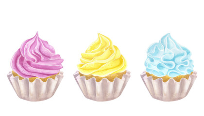 Banner set multicolored cupcakes muffins pink, yellow, turquoise. Sweet whipped cream. Hand drawn watercolor illustration isolated on white background. Rainbow collection