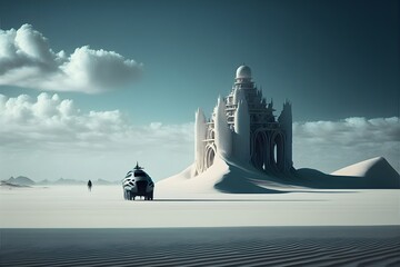 scifi castle white sand desert slick and minimal still from 2010 tron beautiful composition detailed film photography high definition wide view 8k  - obrazy, fototapety, plakaty