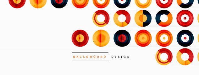 Eye-catching background of colorful circles of equal size arranged in abstract pattern. Circle boasts unique tone or hue, creating rainbow effect. Design has upbeat, contemporary feel