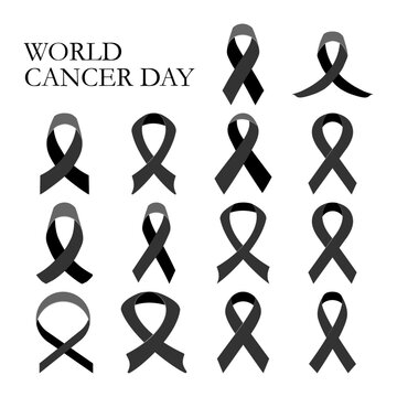 Illustration of Black Awareness Ribbon. Collection of cancer ribbons. World cancer day. Awareness ribbon icons. Isolated on white background. Mourning and melanoma symbol. Vector illustration. 