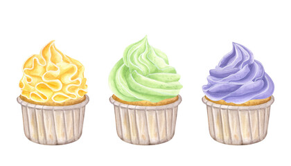 Banner set multicolored cupcakes muffins orange, green, purple. Sweet whipped cream. Hand drawn watercolor illustration isolated on white background. Rainbow collection