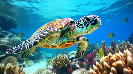 Obraz na płótnie Canvas Hawksbill Turtle - Eretmochelys imbricata floats under water. coral reef.