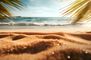 Fototapeta na wymiar Beautiful background for summer vacation and travel. Golden sand of tropical beach, blurry palm leaves and sea on sunny day.