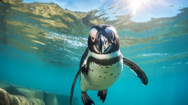 Humboldt Penguin (Spheniscus humboldti) also termed Peruvian Penguin, or Patranca, swimming in the clear water.
