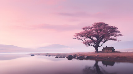Fototapeta na wymiar sunrise on the river with pink sky