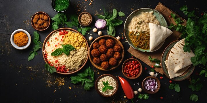 Engage with Egyptian cuisine in a vibrant flat lay, spotlighting classic koshari and tempting falafel, masterfully arranged with generous empty space for versatile utilization.