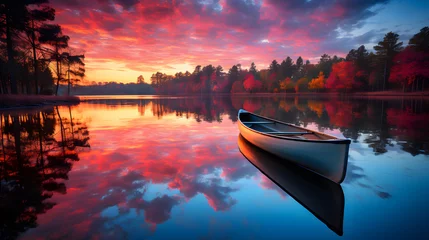 Fotobehang A Boat on the Lake at Sunset Landscape background © Planetz