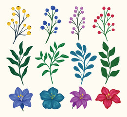 Trendy botanical elements, Hand drawn line leaves branches and blooming