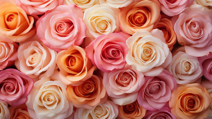 Naklejka premium Romantic Peach and Pink Roses in a Beautifully Lit Background - Empty Space for Product Presentation
