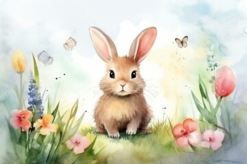 Watercolor bunny with lettering in a spring meadow, perfect for a cute Easter card. Generative AI