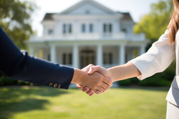 A female real estate agent and a female client or woman shaking hands in front of new home - obrazy, fototapety, plakaty