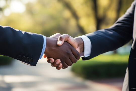 Black real estate agent and black client handshake on the driveway of a property for a business deal