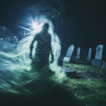 An eerie and captivating image capturing a ghostly figure in motion near a moonlit grave site, evoking an otherworldly and haunting presence.