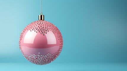 Pink Christmas ball in precious crystals on a blue background, Christmas time