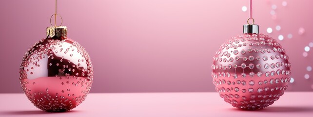 Two Shining pink Christmas balls in precious crystals on a pink background