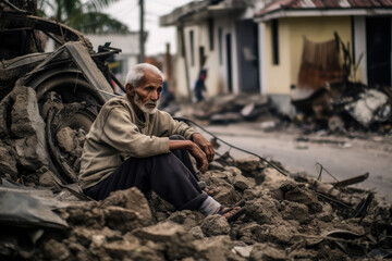 a victim in front of a house that collapsed because of the war
