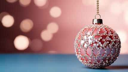 Shining pink Christmas ball in precious crystals on a pink and blue background