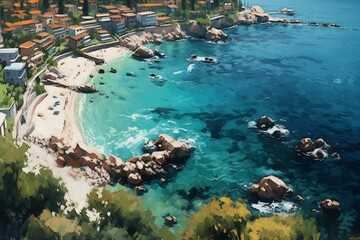 overhead shot of coastal area in naples, with sandy shores and clear blue waters. Generative AI