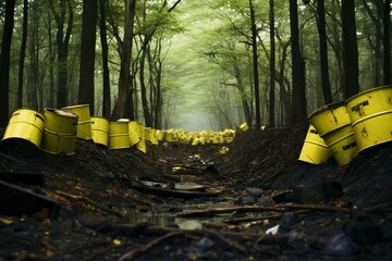 Soil, radioactive pollution, yellow barrels, radiation hazard waste, forest. Generative AI