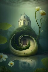 Swamp by MrX 0 cute amazing spire sinuous snail stairwell citadel with small garden and marsh marigold flowers in the foggy mossy landscape of a misty swamp surreal magnificent true photography 