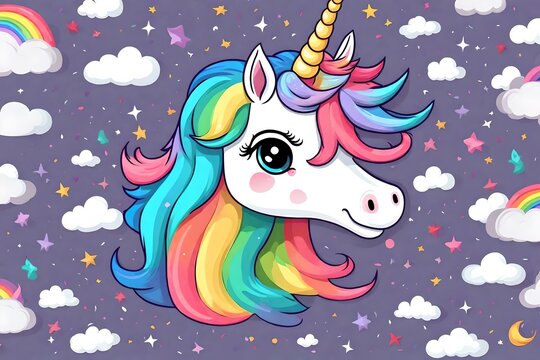 Cute cartoon unicorn head with rainbow mane