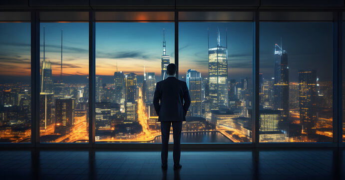 Businessman Looking Out Of Window In Office With Night City View. Generative Ai