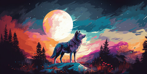 a wolf standing alone on the hill in beautiful wolf howling at night wolf in the night wolf howling at the moon - obrazy, fototapety, plakaty