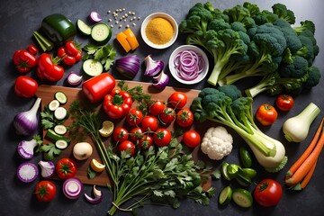 Fall food ingredients on grey background. World Vegan Day with many vegetables. Lots of vegetables on a table. 