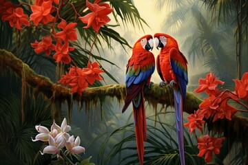 Two red parrots on tree with white orchid in jungle, illustration. Generative AI