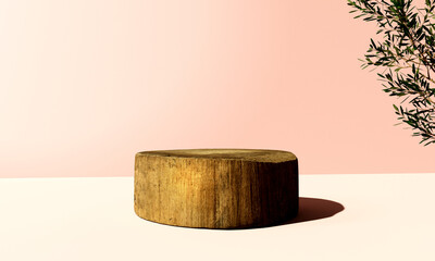 Wooden podium with tree foliage - 3D render
