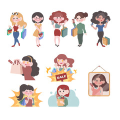 set of cartoon people girl with shopping bags
