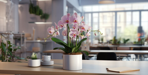 flowers in a vase on a table,  realistic photo orchid flower pots white and light pink colour flower