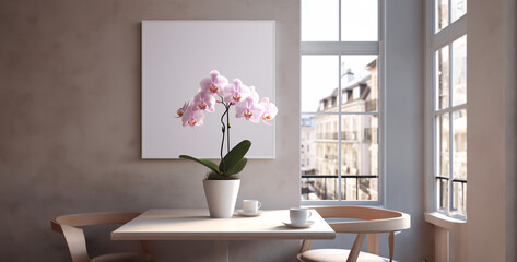 design of living room,  realistic photo orchid flower pots white and light pink colour flower