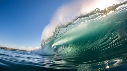 A thrilling photograph capturing the exhilarating view from a surfboard rider's perspective as they ride inside the barrel of a massive tube wave, with sea spray in the air.
