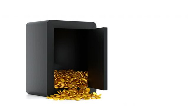 Opening steel safe box with gold coin falling out, security bank safe protect money, 3D animation rendering.