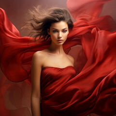 Woman in red dress blowing with flying fabric