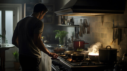 Fototapeta na wymiar Young man cooking in the kitchen at night, he is preparing food