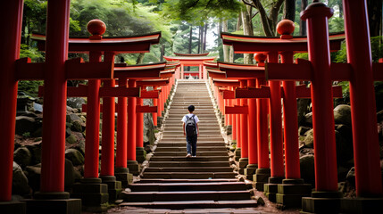 Fototapeta na wymiar a boy walking up to the red torii gates of Fushimi Inari Taisha Shrine in Kyoto, Japan