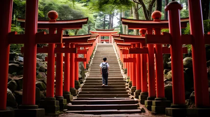 Tuinposter a boy walking up to the red torii gates of Fushimi Inari Taisha Shrine in Kyoto, Japan © Andsx