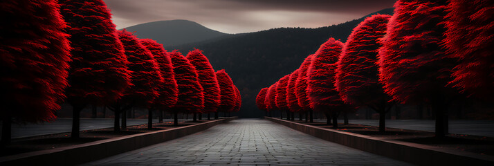 Cobblestone road - driveway - mountains - red trees - festive - Christmas - holiday - vacation - getaway - sunset - golden hour 