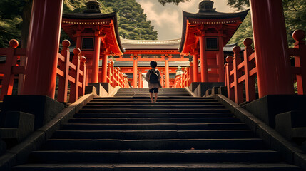 Young man walking up the stairs to the red torii gate in Kyoto, Japan