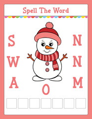 Christmas Spelling word scramble game Educational activity for kids with word Snowman