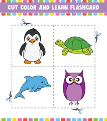 Cut Color And Learn Flashcard Activity coloring book for kids with Cute cartoon character 
