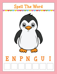 Spelling word scramble game Educational activity for kids with word Penguin